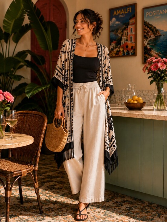 Free People Other - Free People Night Bird Burnout Black Tan Floral Velvet Tassel Kimono Duster